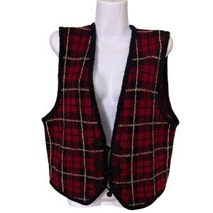 Wool BlendRed Plaid Vest Size L Textured Knit Toggle Closure Charter Club